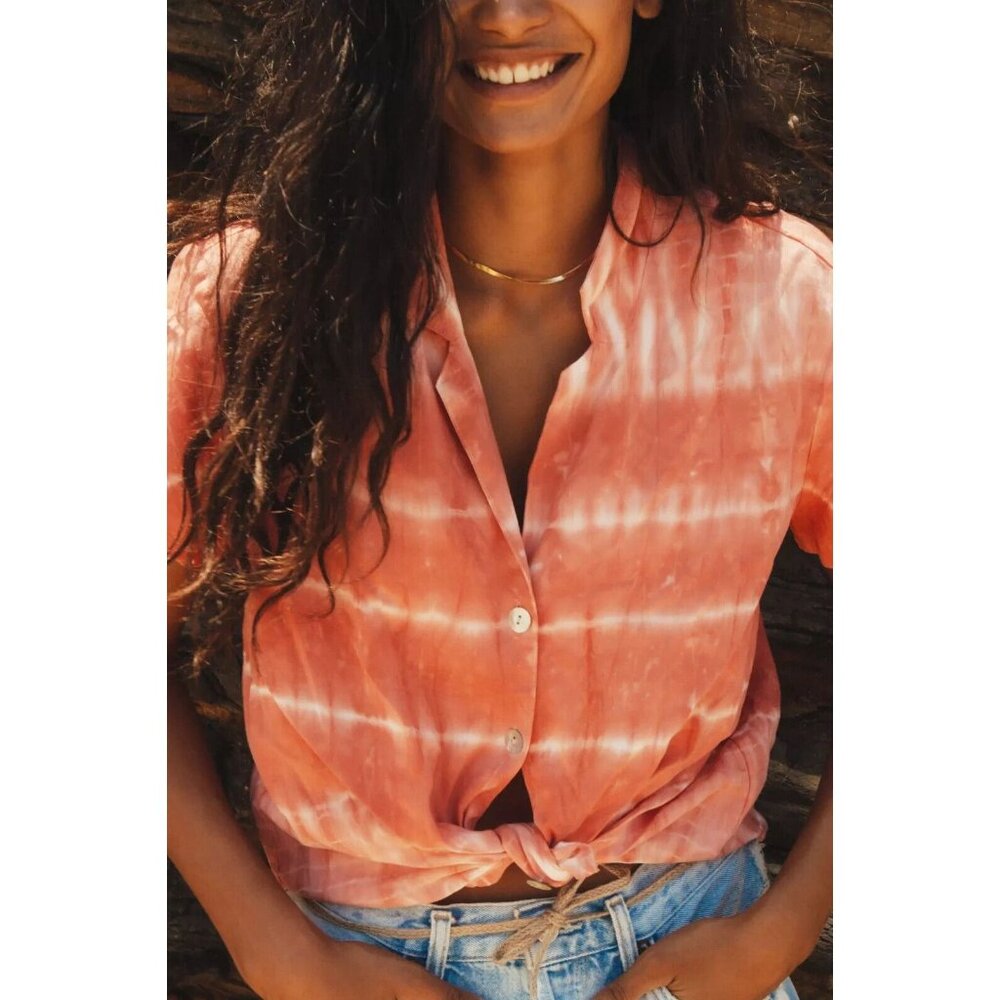 Anthropologie Cloth & Stone Shirt Women's Small Orange Tie-Dye Buttondown Blouse